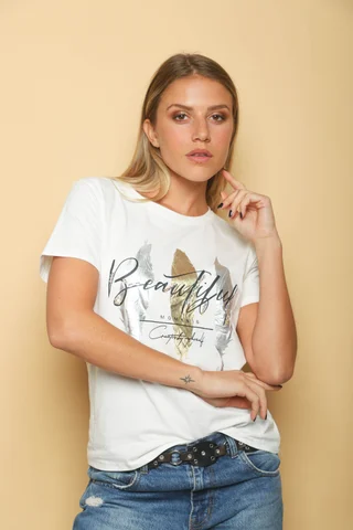 Remera BEAUTIFUL PLUMAS c/ Piedras GUJ5223 - Vista 1