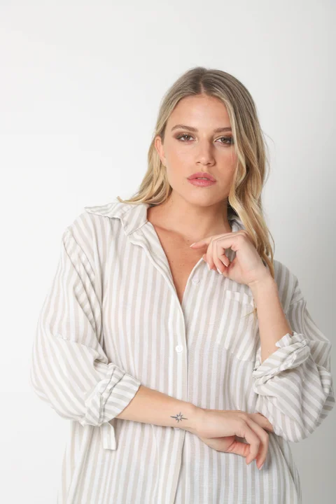 Camisa LOISA Lino Larga Raya ANCHA con Bolsillo
