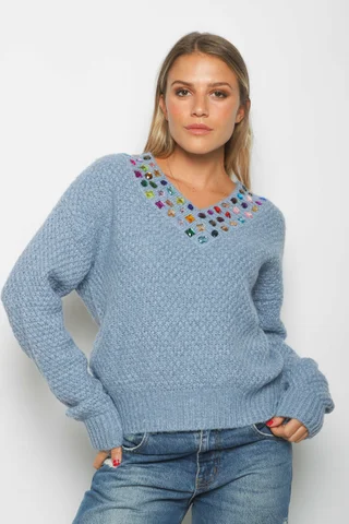 Sweater LUXE Escote V con Piedras de Colores GU81330 - Vista 5