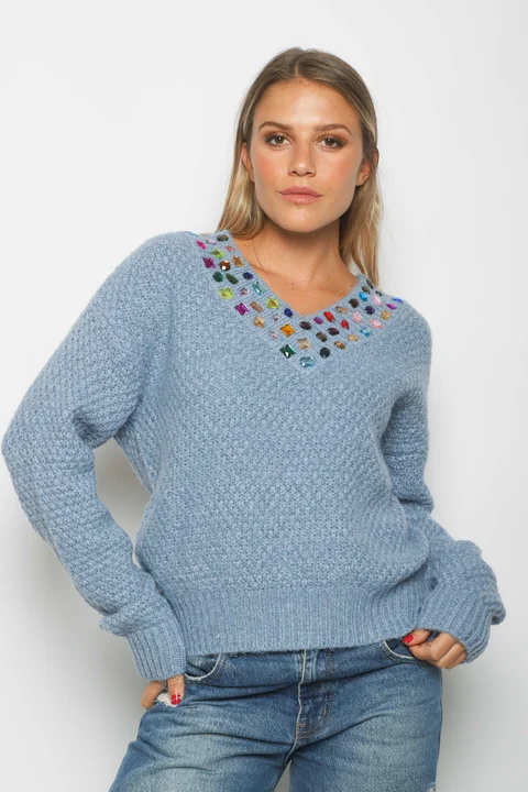 Sweater LUXE Escote V con Piedras de Colores GU81330