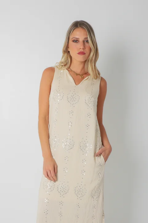 Vestido ZAFIRO de Lino c/Lentejuelas Hojas y Bolsillos GU250107