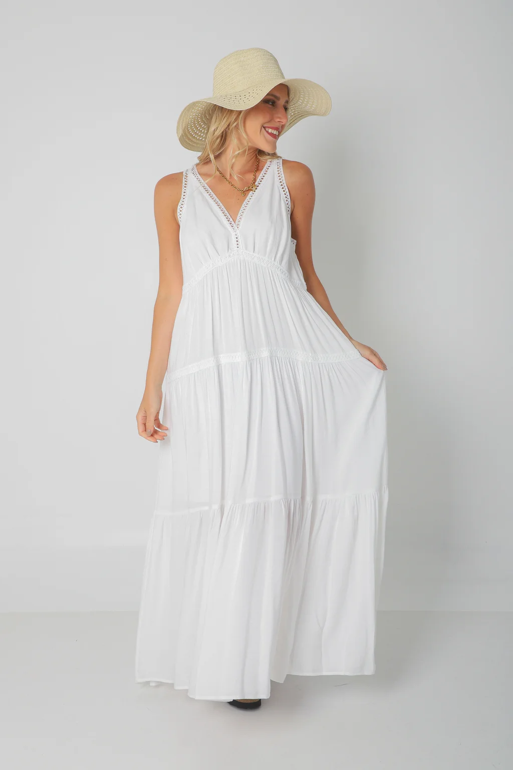 Vestido MURIEL de lino c/ guardas Guipiure GU2523