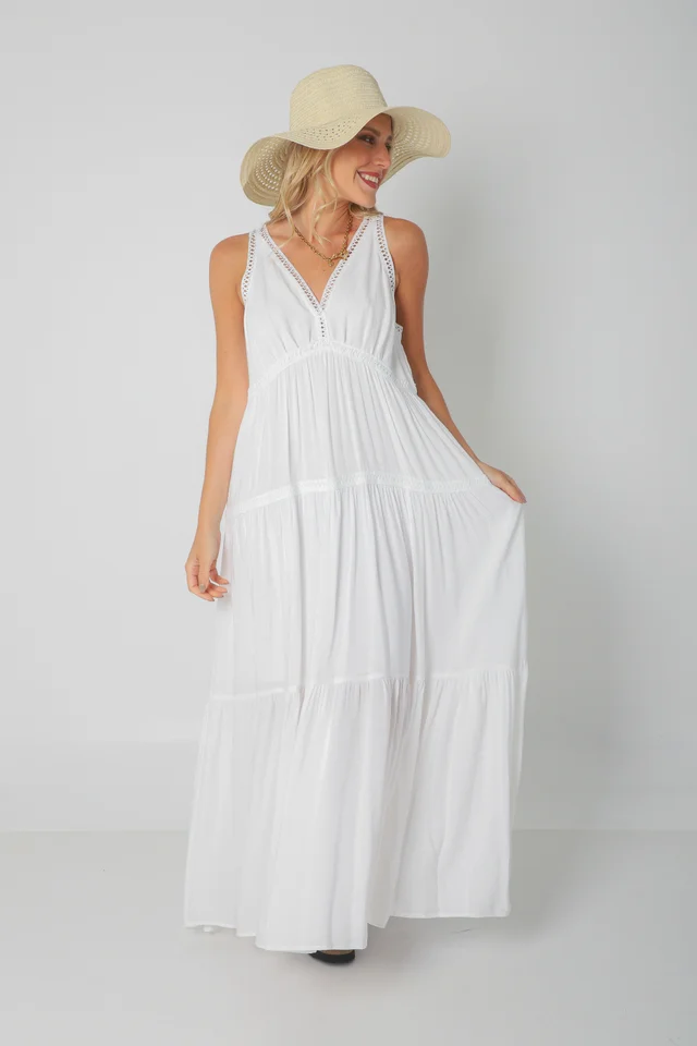 Vestido MURIEL de lino c/ guardas Guipiure GU2523