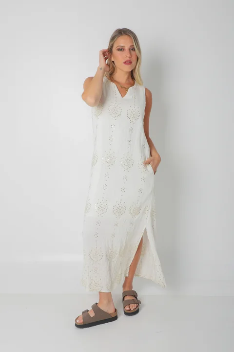 Vestido ZAFIRO de Lino c/Lentejuelas Hojas y Bolsillos GU250107