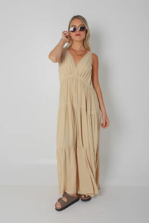 Vestido MURIEL de lino c/ guardas Guipiure GU2523