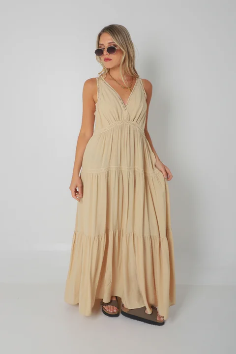 Vestido MURIEL de lino c/ guardas Guipiure GU2523