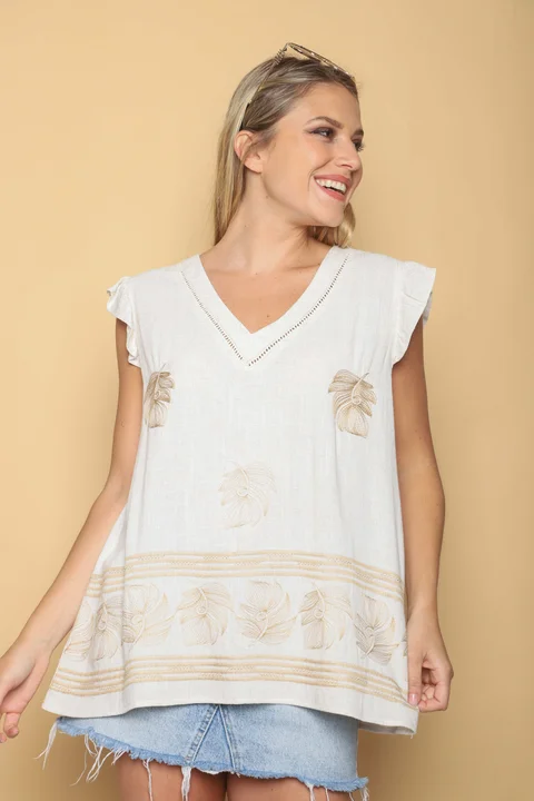 Blusa PALMIRA de Lino Bordado c/ Manga Volado GU0542