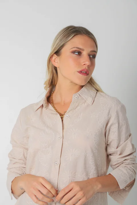Camisa CANELA Larga de Broderie Flores Bordadas GU5205