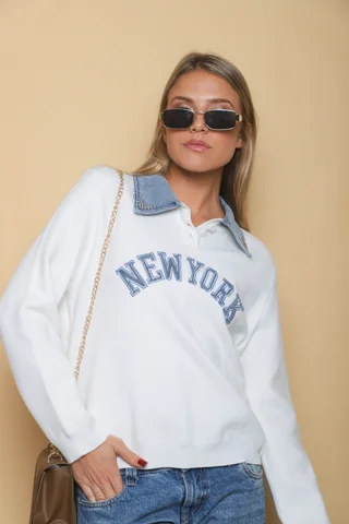 Sweater NEW YORK con jean y perlas en cuello GU67702 - Vista 5