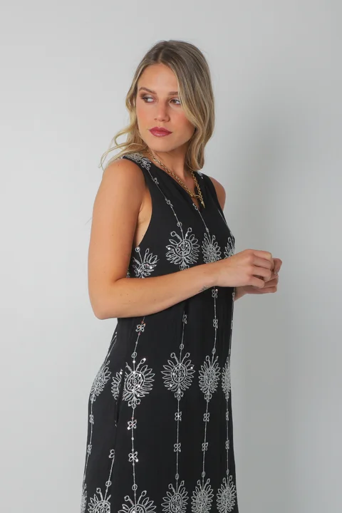 Vestido ZAFIRO de Lino c/Lentejuelas Hojas y Bolsillos GU250107