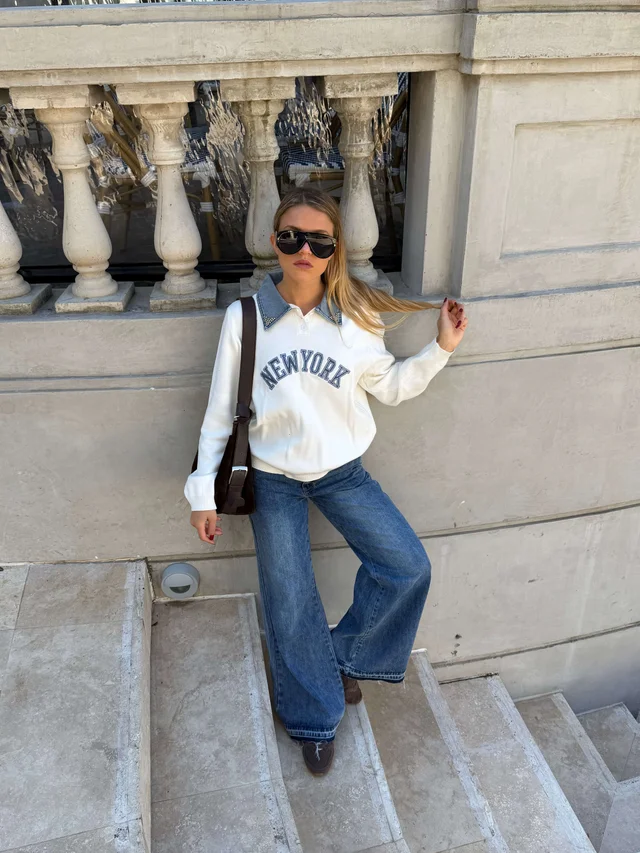 Sweater NEW YORK con jean y perlas en cuello GU67702