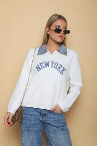 Sweater NEW YORK con jean y perlas en cuello GU67702 - Vista 3