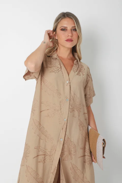  Vestido VANDALI Camisero de Lino c/ Hojas Bordadas GU2526