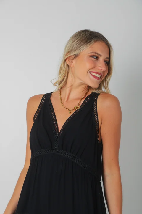 Vestido MURIEL de lino c/ guardas Guipiure GU2523