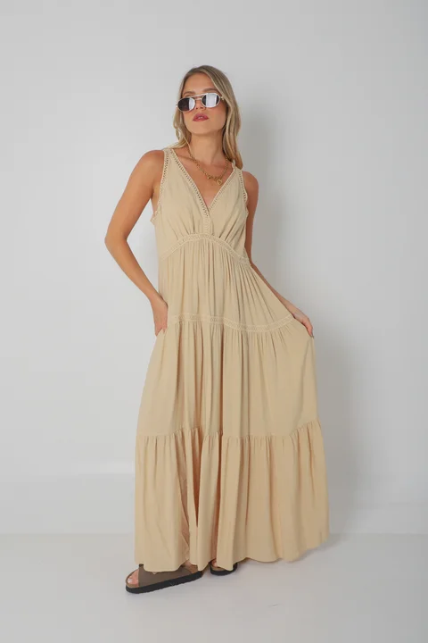 Vestido MURIEL de lino c/ guardas Guipiure GU2523