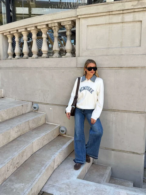 Sweater NEW YORK con jean y perlas en cuello GU67702