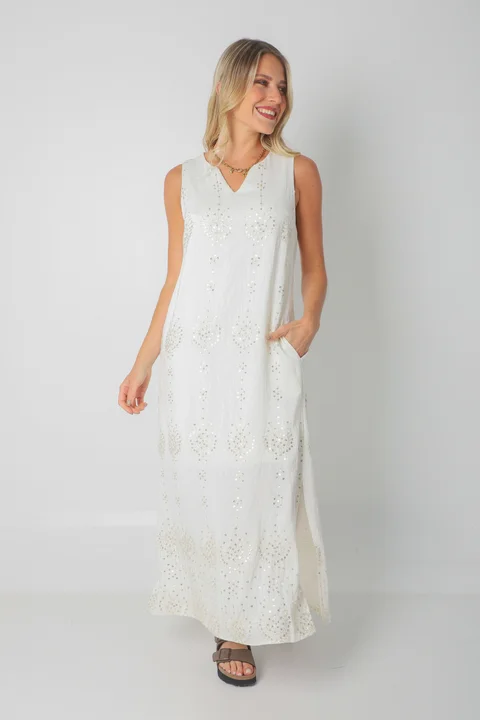 Vestido ZAFIRO de Lino c/Lentejuelas Hojas y Bolsillos GU250107