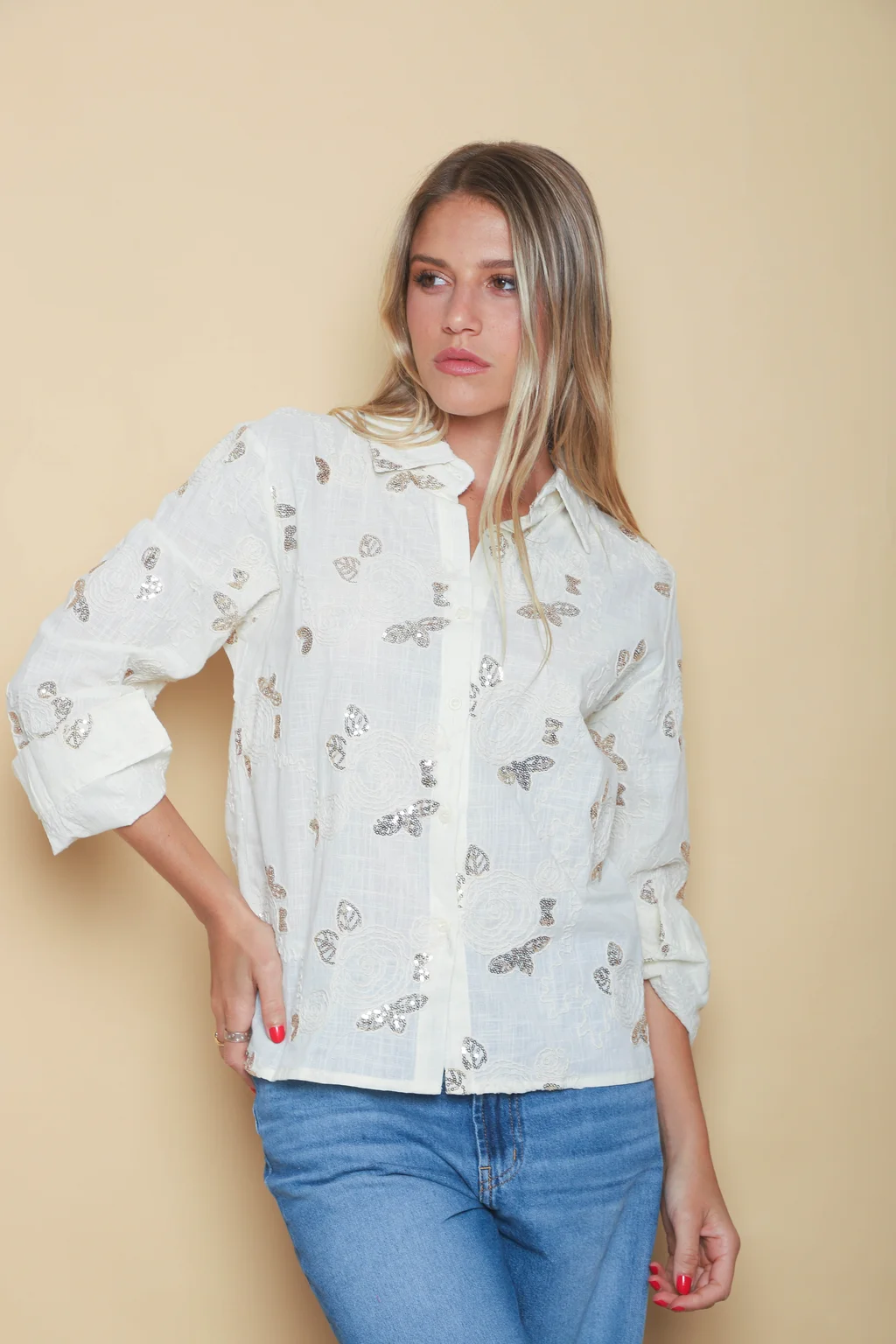 Camisa MISUKI LINO Bordada Flor Lentejuelas GU5192