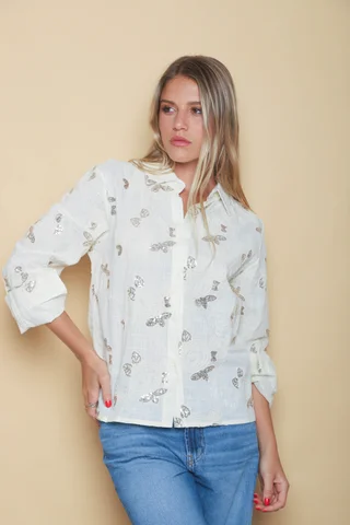 Camisa MISUKI LINO Bordada Flor Lentejuelas GU5192 - Vista 6