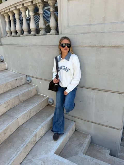 Sweater NEW YORK con jean y perlas en cuello GU67702