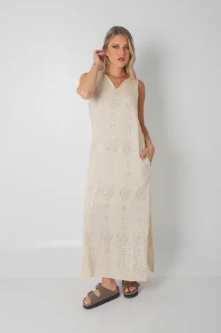 Vestido ZAFIRO de Lino c/Lentejuelas Hojas y Bolsillos GU250107 - Vista 1