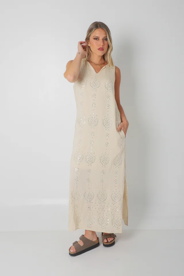 Vestido ZAFIRO de Lino c/Lentejuelas Hojas y Bolsillos GU250107