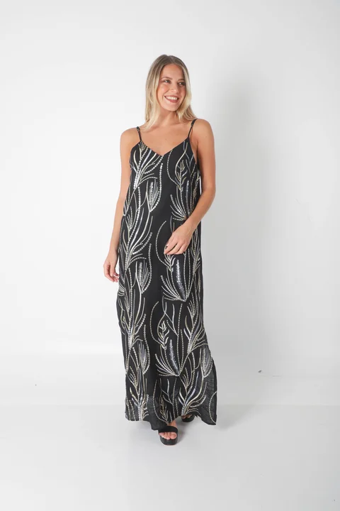 Vestido SANSA de Lino Forrado c/ Lentejuelas Bordadas GU70142