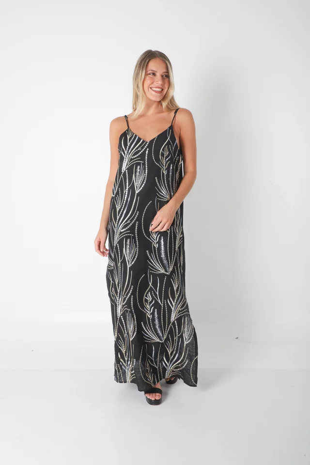 Vestido SANSA de Lino Forrado c/ Lentejuelas Bordadas GU70142