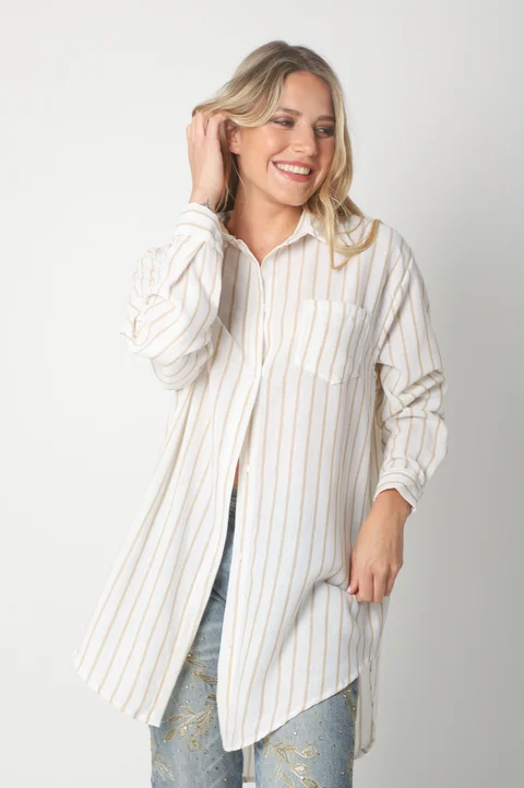 Camisa Emili Lino Larga Rayada con Bolsillo