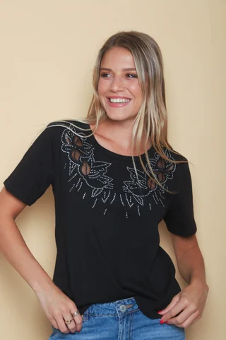 Remera FLOR BORDADA TULL STRASS GUK70031 - Vista 1