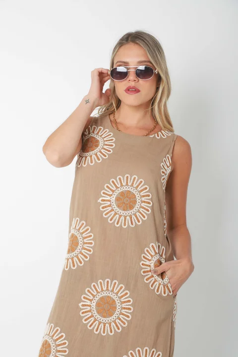 Vestido CIRUS Lino Bordado c/ Bolsillos GU250109