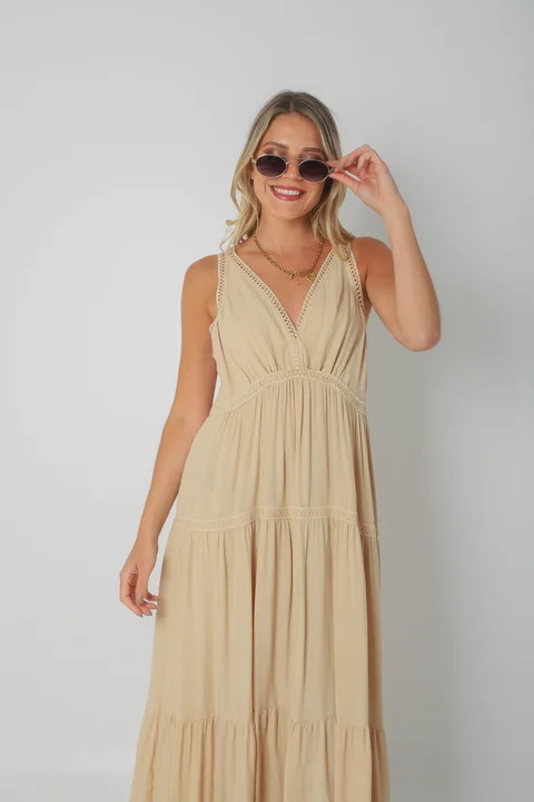 Vestido MURIEL de lino c/ guardas Guipiure GU2523