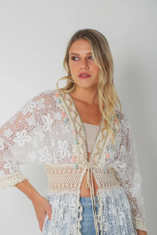 Kimono BORDEAUX Encaje Cuadrille Con Cintura Crochet GUH12567