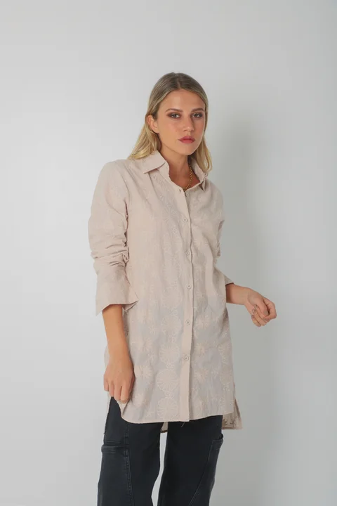 Camisa CANELA Larga de Broderie Flores Bordadas GU5205