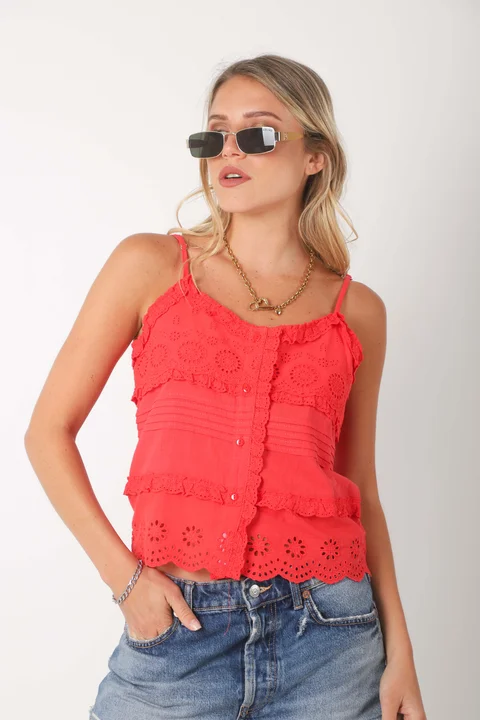 Musculosa   Kavanah de Lino  Abotonada con T ablitas y Broderie GUK4067