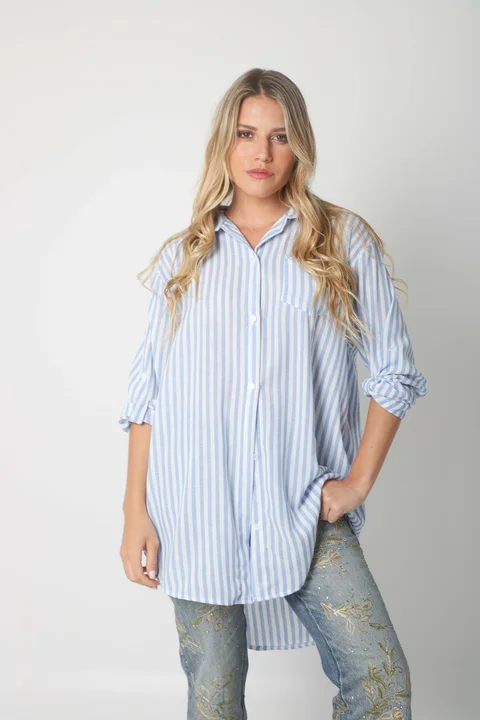 Camisa LOISA Lino Larga Raya ANCHA con Bolsillo