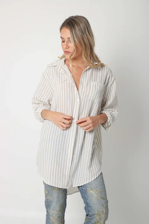 Camisa LOISA Lino Larga Raya ANCHA con Bolsillo