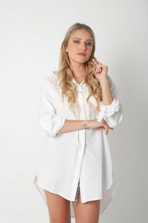 Camisa MARQUESA LARGA  de Lino con Fantasia y Bolsillo 