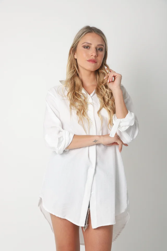 Camisa MARQUESA LARGA  de Lino con Fantasia y Bolsillo 