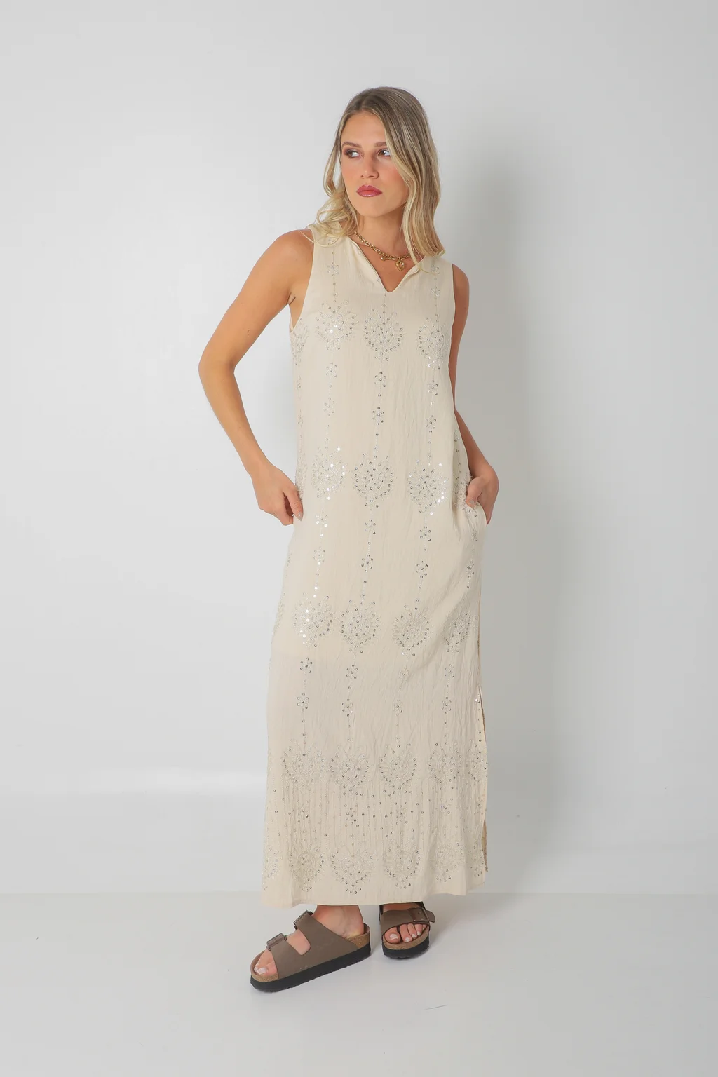 Vestido ZAFIRO de Lino c/Lentejuelas Hojas y Bolsillos GU250107
