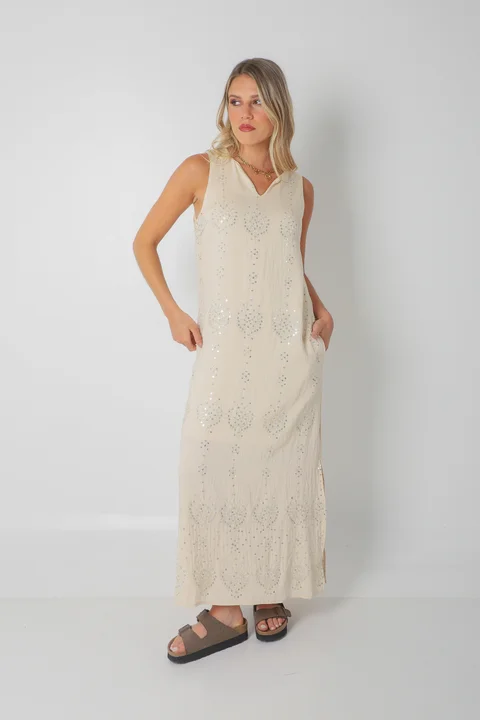 Vestido ZAFIRO de Lino c/Lentejuelas Hojas y Bolsillos GU250107