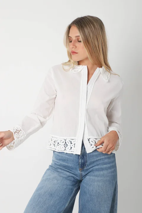 Camisa FARREL Corta de LINO con Crochet GUK70113