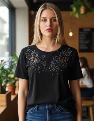 Remera FLOR BORDADA TULL STRASS GUK70031 - Vista 1