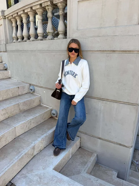 Sweater NEW YORK con jean y perlas en cuello GU67702