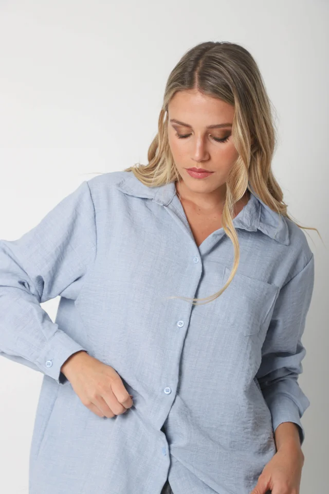 Camisa MARQUESA LARGA  de Lino con Fantasia y Bolsillo 