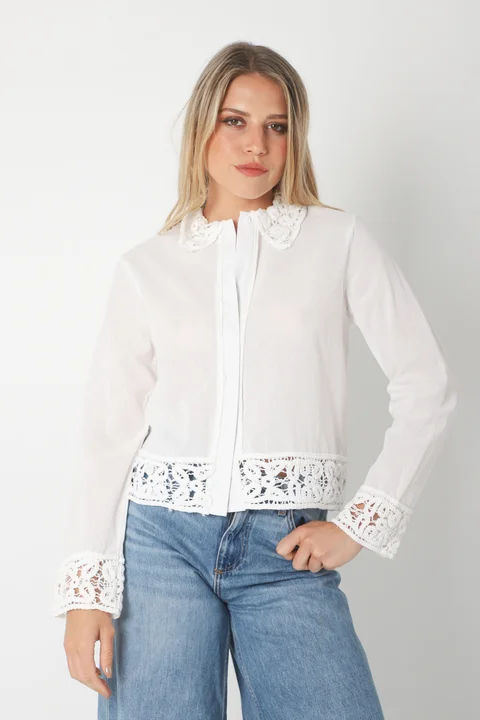 Camisa FARREL Corta de LINO con Crochet GUK70113