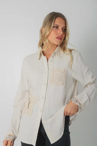 Camisa Biela de LINO c/Crochet GU250116 - Vista 1