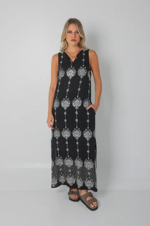 Vestido ZAFIRO de Lino c/Lentejuelas Hojas y Bolsillos GU250107