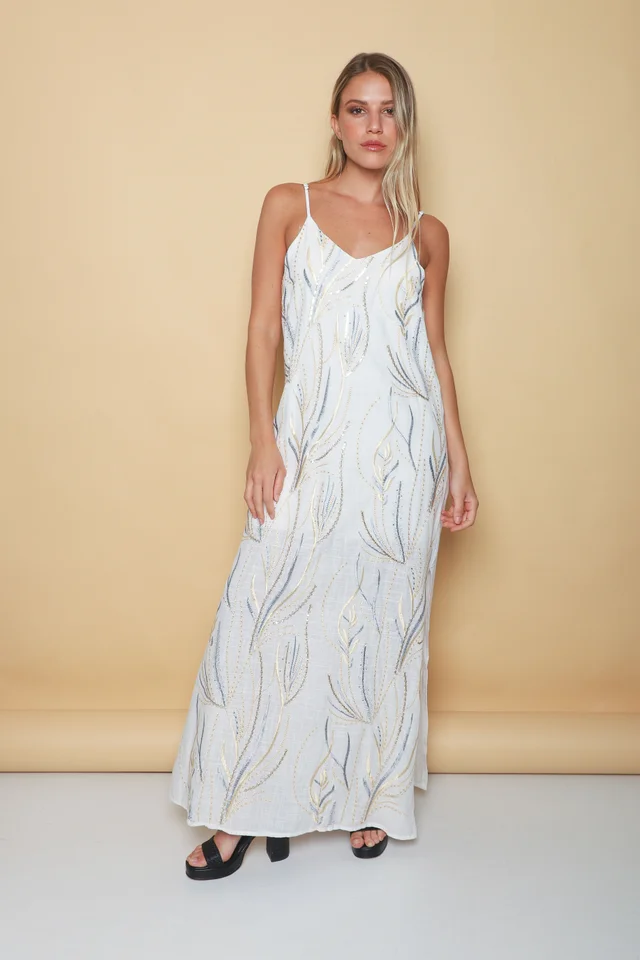 Vestido SANSA de Lino Forrado c/ Lentejuelas Bordadas GU70142