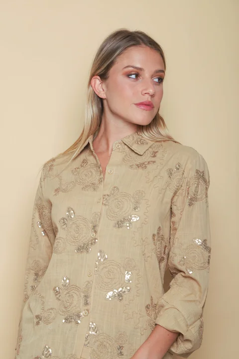 Camisa MISUKI LINO Bordada Flor Lentejuelas GU5192